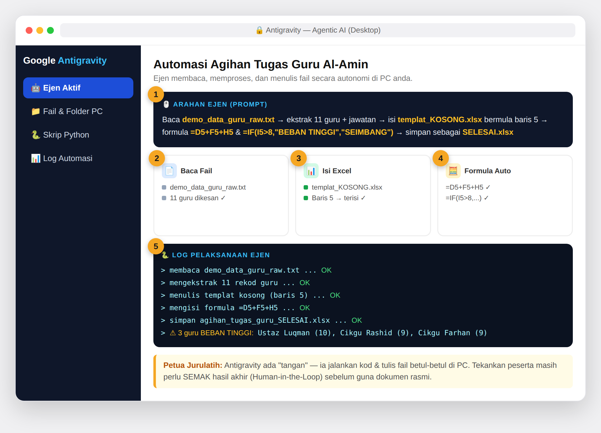 Paparan skrin Google Antigravity memproses fail Excel agihan tugas guru secara automatik