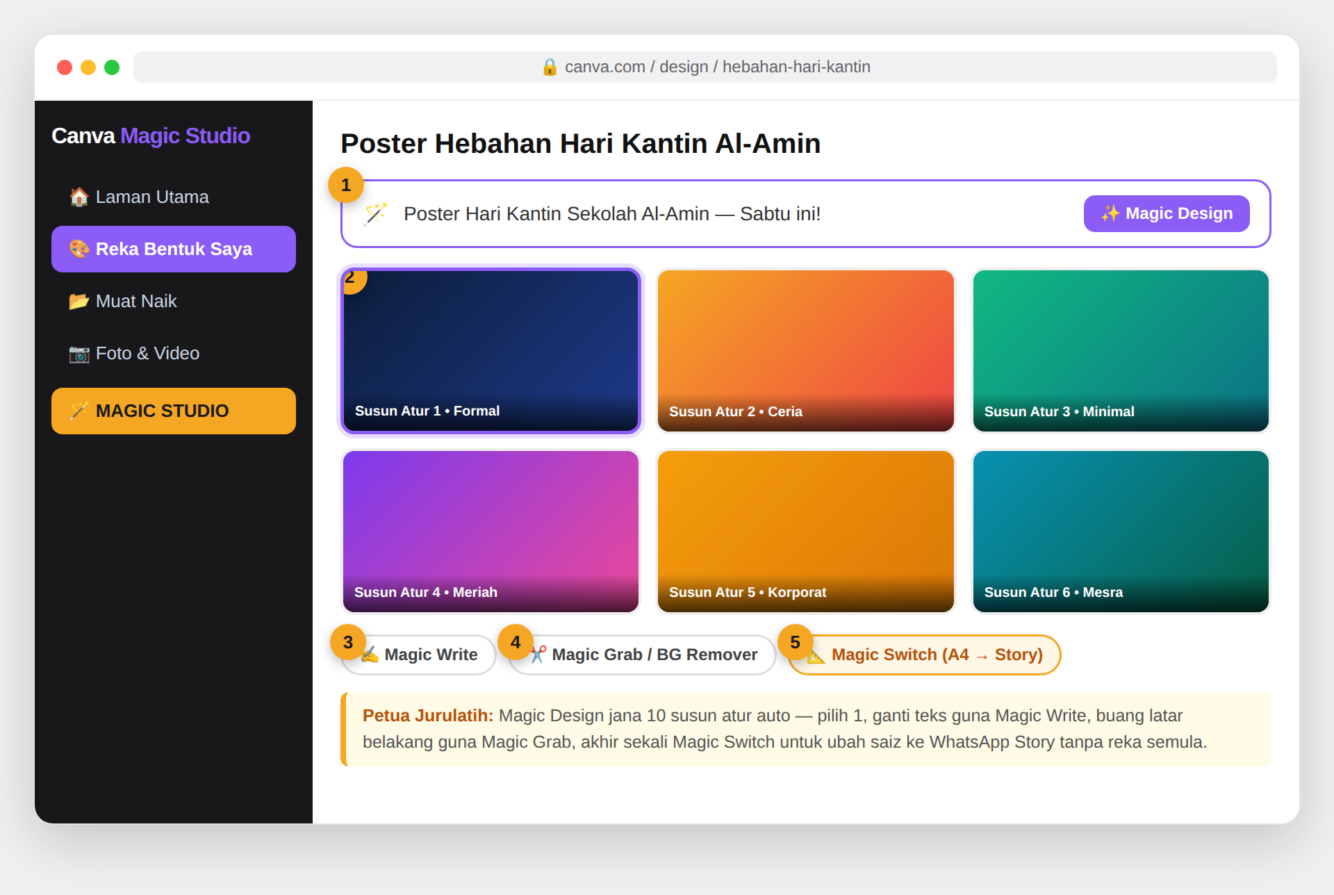 Paparan skrin Canva Magic Studio dengan alatan Magic Design, Background Remover dan Magic Switch