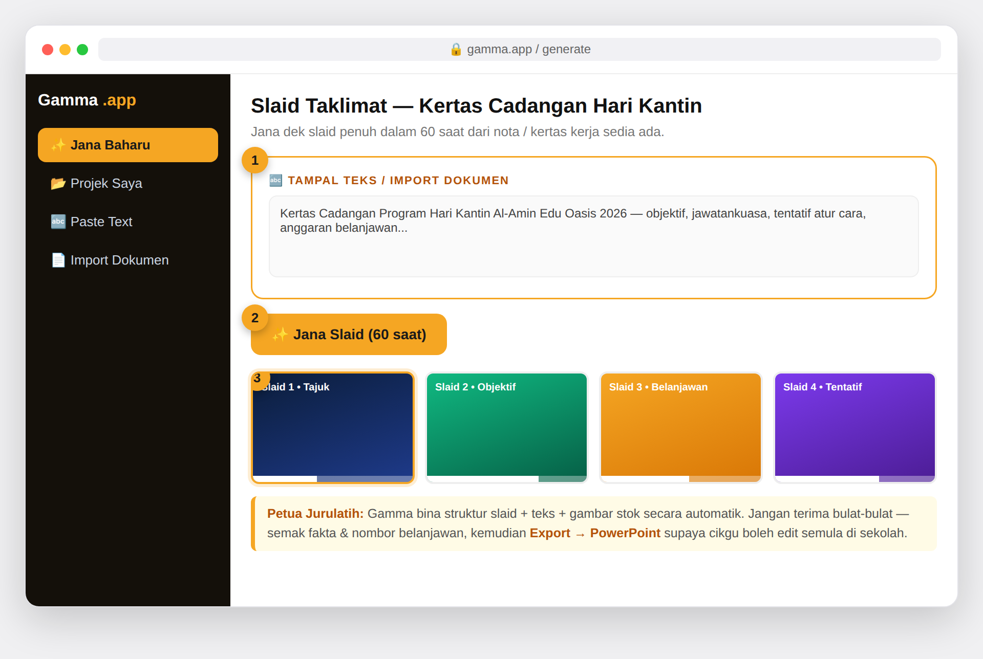 Paparan skrin Gamma App menjana dek slaid daripada teks kertas cadangan